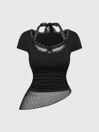 Y2K Sexy Minimalist Polka Dot Mesh Patchwork Halter Neck Women T-Shirt