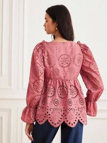 GENKIRA New Autumn Heavy Embroidery Beer Festival Brick Red Embroidery Deep Round Square Collar Tie Long Sleeve Shirt Fall Cloth For Women - Dusty Pink - View 2