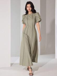 Heiryn Women's Elegant Arabic Style Flounced Sleeve Midi Dress Khaki Dress Women Korean Style,Work Dresses