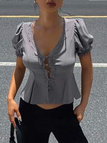 DAZY 女式蕾丝拼布V领泡泡袖衬衫，夏季 - 深灰色 - 查看 4