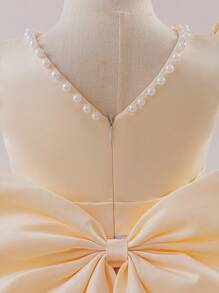 Glamorique Kids 1pc Baby Girls Christening Formal Dress, Flared Sleeves V-Neck Pearl Beaded Embroidered Mesh Ruffle Princess Dress With Raised Cinched Waist Design