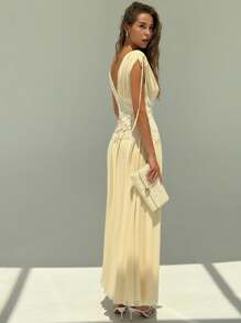 Aloruh Đầm dài vai buộc dây cổ chữ V phối ren họa tiết chắp vá mùa hè cho nữ - Màu be - Xem 3