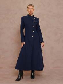 Lumalex Fall Winter Gathering Party Banquet Modest Old Money Coquette Glitter Holiday Party Rave Festival Outing Vacation Hot Outdoor Richly Layered Wedding Season Banquet Coming Of Age Ceremony High Collar Shoulder Pad Long Sleeve Asymmetrical Metal Button Decor Cinched Waist Flare Hem Long Woolen Coat For Women Luxury Prom ID Al-Adha Al-Adha Party New Year - Royal Blue - View 2