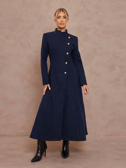 Lumalex Hög krage med axelvaddering, långärmad, asymmetrisk metallknappdekor, åtsittande midja, utsvängd fåll, lång yllekappa för kvinnor