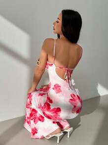 SHEIN PETITE Váy liền thân in hoa gợi cảm và dây đeo quần mùa xuân và mùa hè dành cho nữ, có thể mặc như một lớp lót bên trong vào mùa thu và mùa đông - Hồng - Xem 4