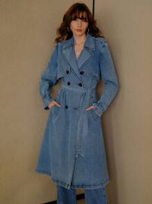 MOTF PREMIUM CASUAL ELEGANT LOOSE DOUBLE BREASTED PLACKET BELTED DENIM TRENCH COAT - Blue - View 4