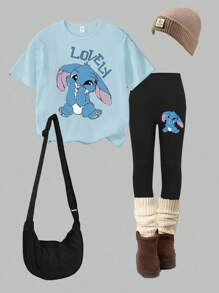 SHEIN Sparklyn 女童休闲时尚可爱卡通针线字母标语印花 T 恤和紧身裤 2 件套 - 彩色 - 查看 3