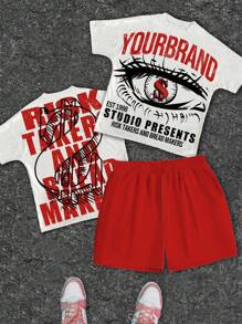 SHEIN 2 件青少年男孩休闲经典酷炫图案印花圆领短袖 T 恤和纯色印花短裤，适合夏季、街头服饰、运动 - 彩色 - 查看 1