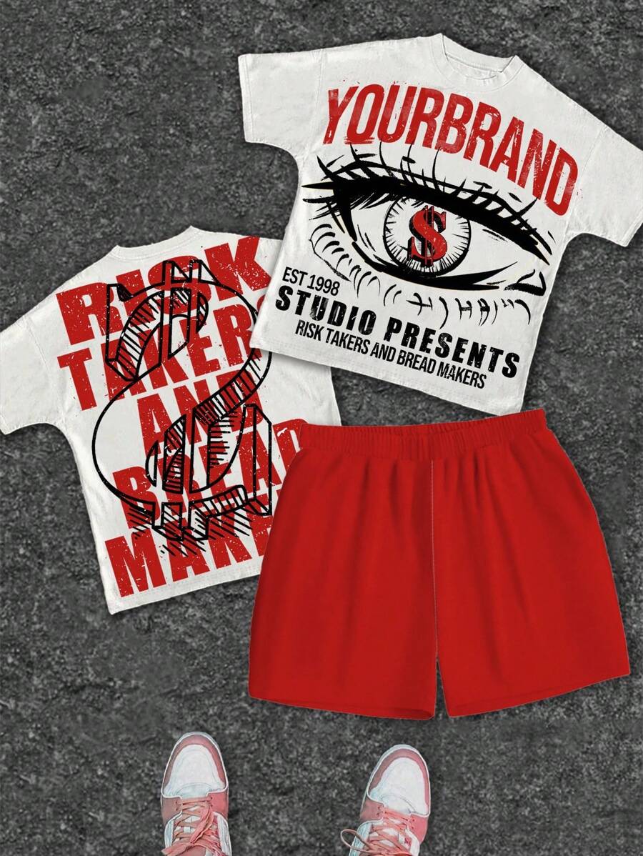 SHEIN 2 件青少年男孩休闲经典酷炫图案印花圆领短袖 T 恤和纯色印花短裤，适合夏季、街头服饰、运动 - 彩色 - 查看 1
