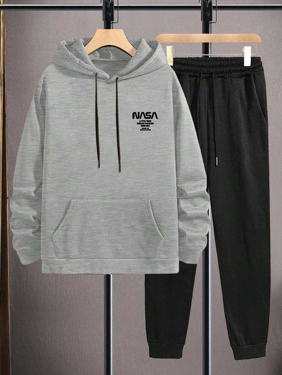 Cottnline 2pcs Men Slogan Print Long Sleeve Drawstring Hoodie And Pants Casual Tracksuit Set - Grey - View 1