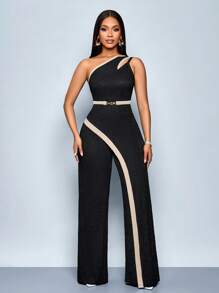 SOLERSUN Women's Color Block Asymmetrical Neck Cutout Spliced Metal Decorated Sleeveless Straight Jumpsuit - Black - View 6