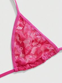 ROMWE Kawaii Women's Sexy Lace Halter Bralette & Thong Panty & Mini Skirt Set - Hot Pink - View 3