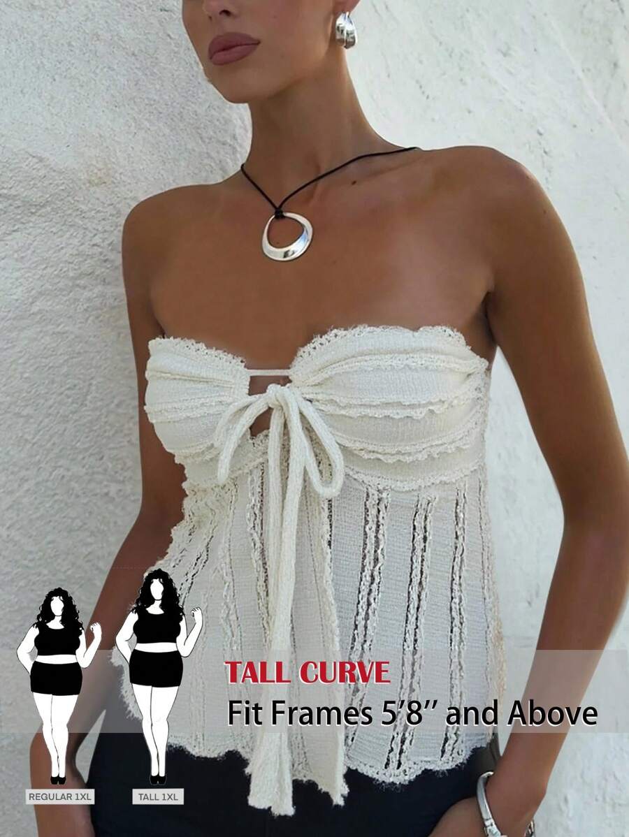 SHEIN Tall CURVE Top texturé à manches dénudées avec nœud avant et volants, couleur unie, grande taille pour femmes