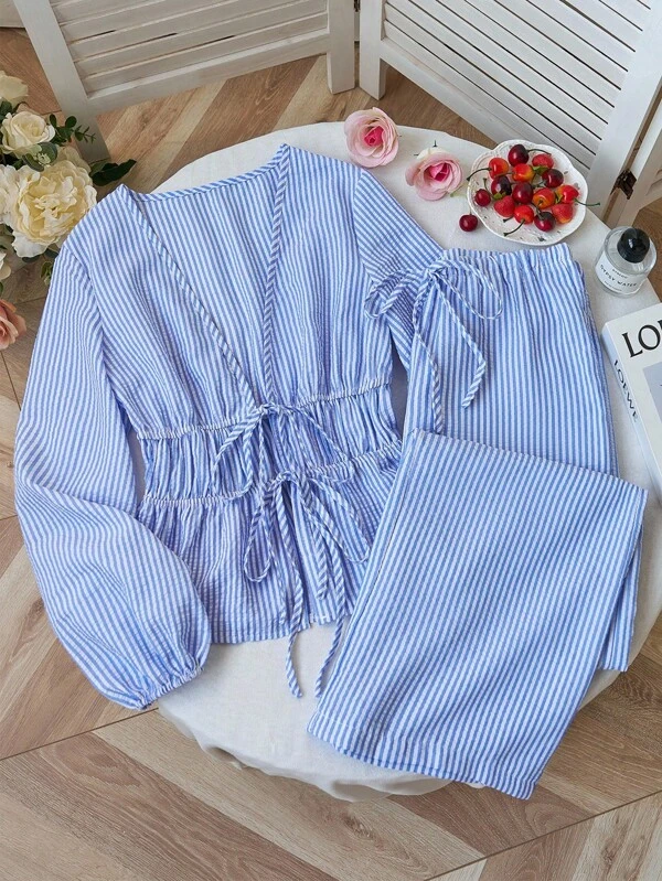 Sweetra Set da 2 pezzi versatile da donna con pantaloni a zampa d'elefante a righe blu, stile casual, adatto per la primavera e l'Europa