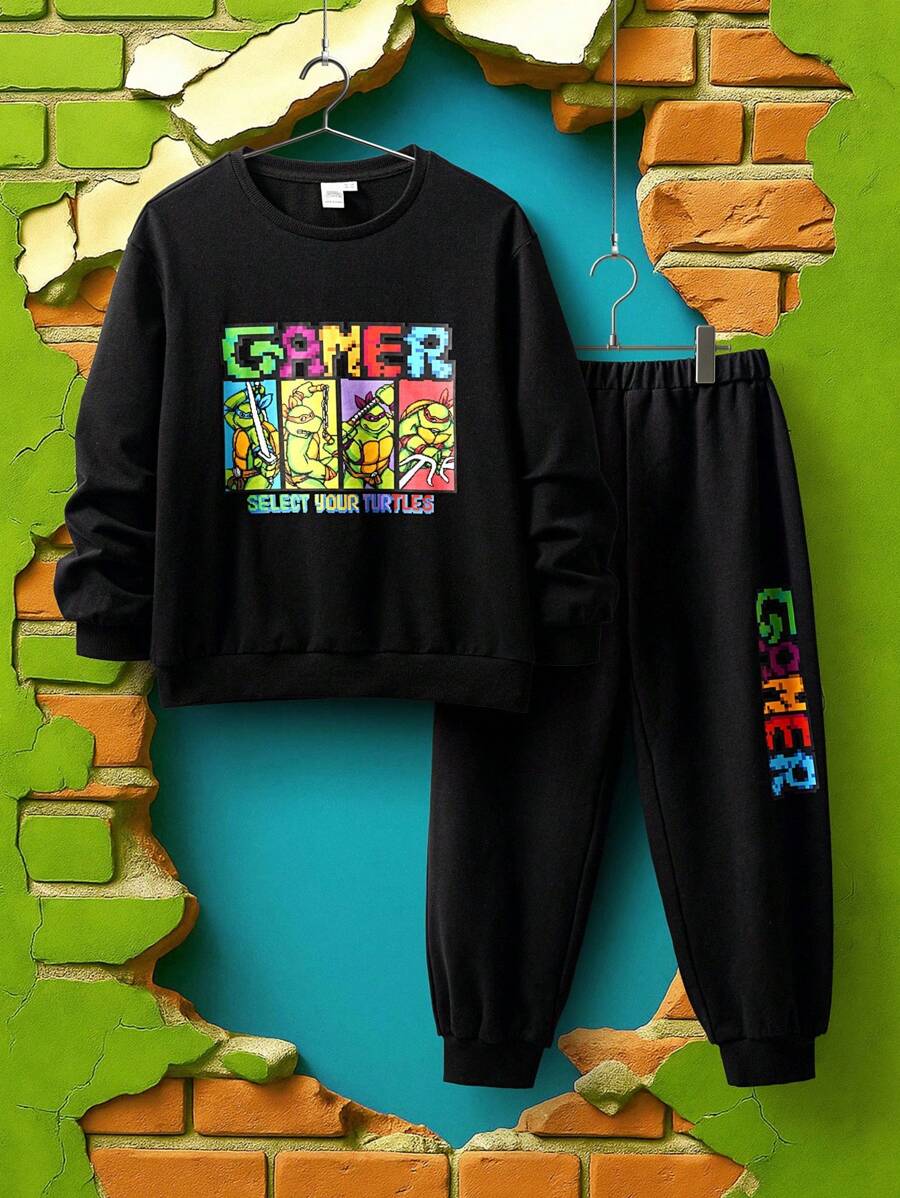 TEENAGE MUTANT NINJA TURTLES | SHEIN Tween Boy Cartoon Turtle Print Cool Black Long Sleeve Crew Neck Sweatshirt & Pants Casual Sports Outfit - Black - View 1