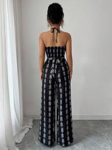 Rafferiza 女士优雅吊带扭纹交叉带松紧腰阔腿无袖连体裤 - 黑色 - 查看 2