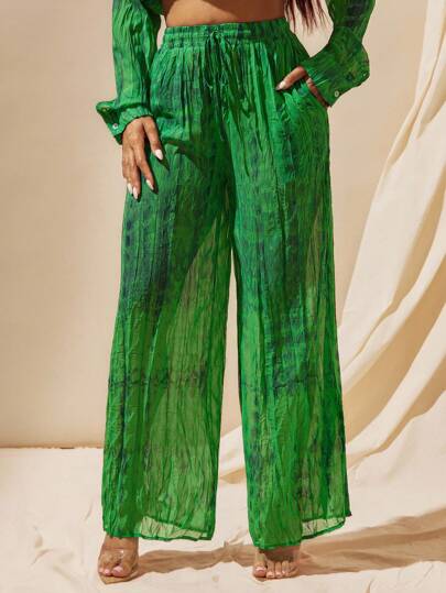 Vixey 扎染透明褶皱雪纺弹力抽绳腰带阔腿裤，带口袋