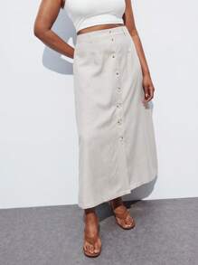 Maija 大码女式休闲纽扣装饰宽松A字裙，适合办公室/日常穿着，秋季返校季，返校节，优雅复古，老派富家女教师风，浪漫百搭；舒适时尚，优雅休闲，简约日常，必备单品，纯色，假日休闲，得体大方，单身女士，优雅时尚商务休闲女式外出上衣，毕业季教师秋季大码秋季返校季，返校节，冬季 - 米色 - 查看 5