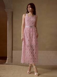 MOTF PREMIUM GUIPURE LACE OVERLAY RHINESTONE WAIST DRESS - Pink - View 5