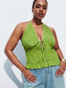 Maija Plus Size Women's Solid Color Front Tie Ruched Deep V Sexy Halter Top,Fall Autumn Back To School Homecoming Modest Vintage Women Old Money Teacher Romantic, Fashion, Versatile; Comfortable, Stylish, Elegant, Casual, Simple Daily Wear, Essential, Solid Color, Holiday Casual, Decent, Single Lady, Elegant Fashion Business Casual Woman Going Out Tops Graduation Teacher