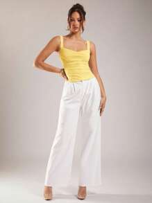Silquee Tank Top Wanita Kasual Musim Panas Warna Polos dengan Detail Kerut, Tank Top Kuning Wanita, Tank Top Kerut Kuning, Tank Top Pas Badan Kuning Wanita - Kuning - View 4