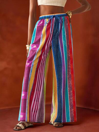 Zivah Zomer 2025 Nieuwe Casual Vacation Full-Frame Retro Print Losse Wijde Broek met Hoge Taille voor Dames, Dagelijks Uitje, Terug naar School, Vakantie, Boho, Nomadisch, Feestbijeenkomst, Festival, Onafhankelijkheidsdag, Reizen