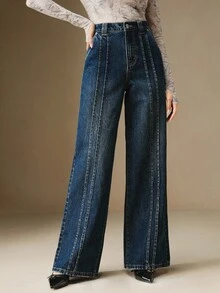 Anewsta Jeans rectos y sueltos de estilo casual con diseño de bolsillos de palillo para mujeres