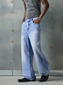 NEON BLANC Men's Pocket Loose Wide-Leg Casual Versatile Jeans - Blue - View 3