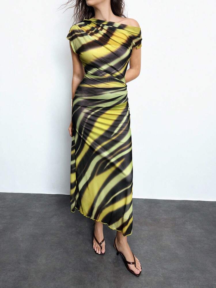 SHEIN Maija Women's Green Asymmetric Neck Ruched Striped Print Midi Dress, Elegant Fashion Minimalist Suitable For Holiday & Party