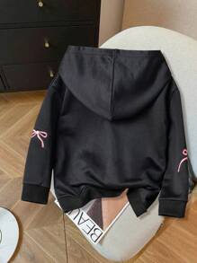 Genkimix Kids Áo nỉ trùm đầu tay raglan thêu chữ và nơ phong cách đường phố giản dị mùa thu/xuân cho bé gái - màu đen - Xem 2