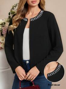 Amorya Women Beaded Pearl Decorated Crew Neck Long Sleeve Knitted Slim Elegant Cardigan, Suitable For Daily Wear, Autumn/Winter - Black - View 1
