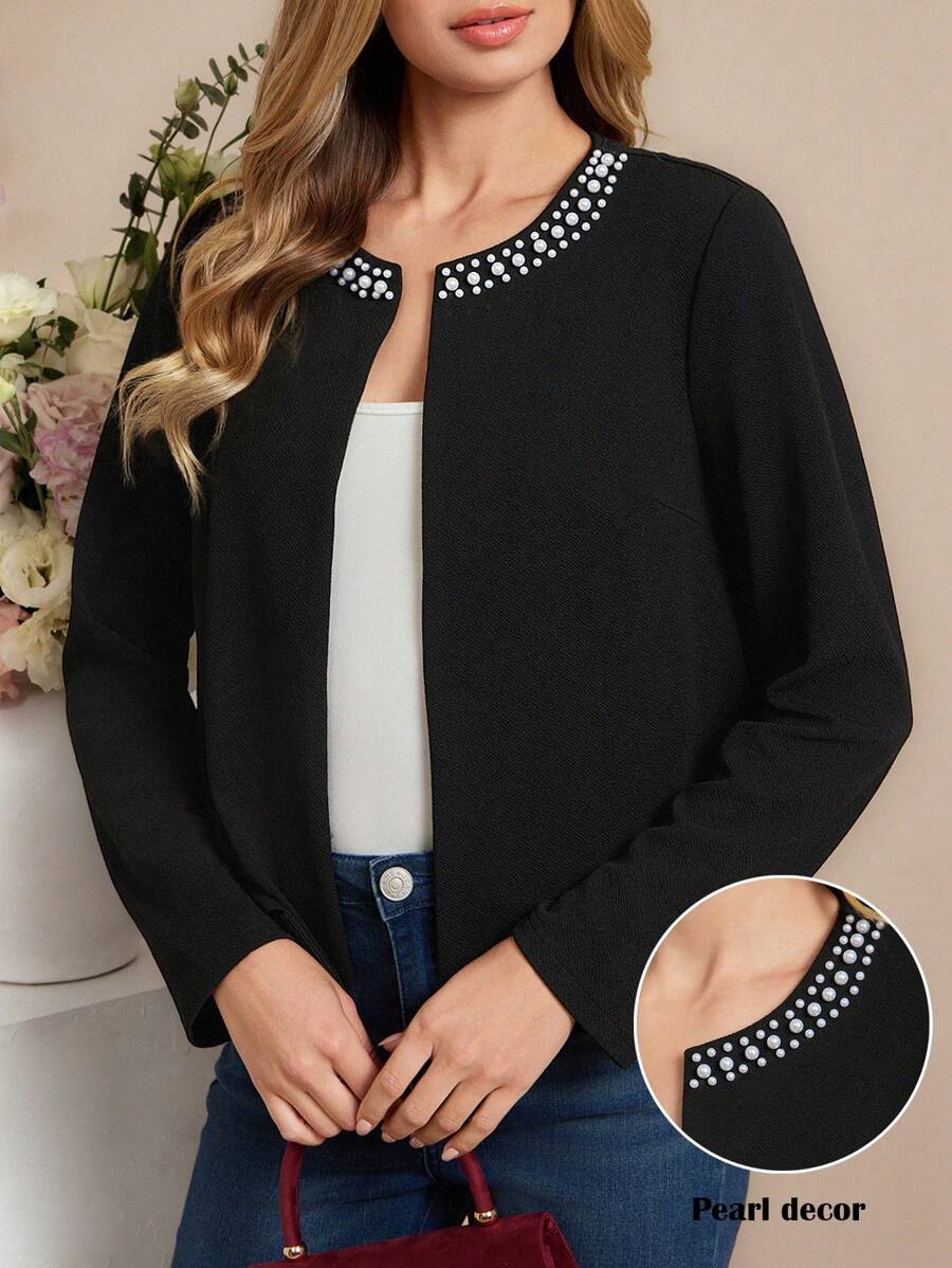 Amorya Women Beaded Pearl Decorated Crew Neck Long Sleeve Knitted Slim Elegant Cardigan, Suitable For Daily Wear, Autumn/Winter - Black - View 1