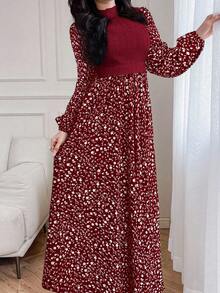 Modelyn Women's Ditsy Floral Patchwork Arabic Style Dress - Burgundy - View 4