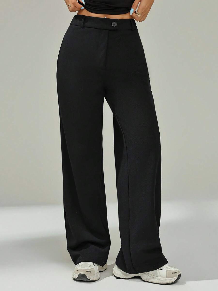 SHEIN PETITE Quần âu nữ co giãn màu trơn thanh lịch phù hợp cho mùa thu đông - màu đen - Xem 1