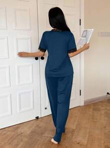 SHEIN Women's Lace Trim V-Neck Short Sleeve Casual Comfortable Pajama Set - Navy Blue - View 2