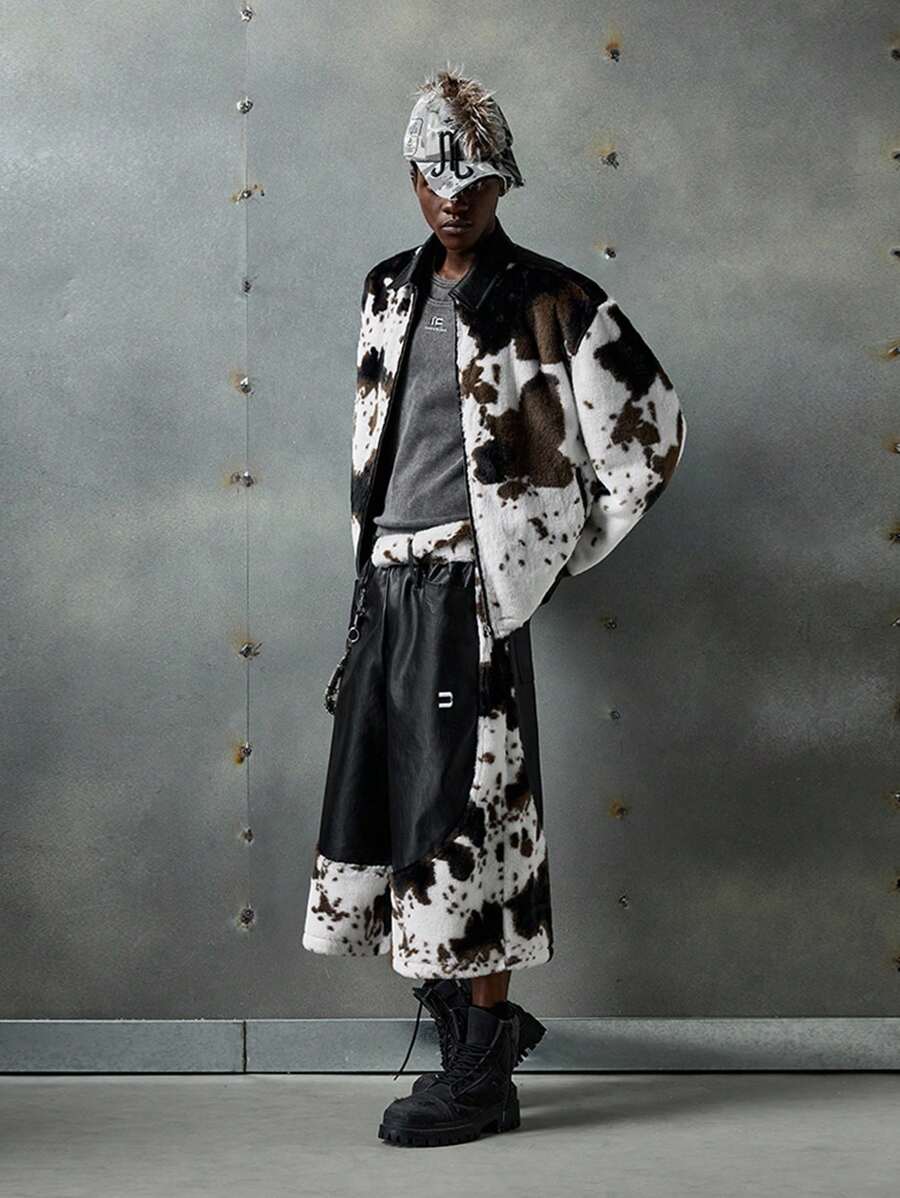 NEON BLANC Men's Street Style Fuzzy Leather Sleeve Long Jacket, Suitable For Autumn/Winter, 2000s Style - Black and White - View 1