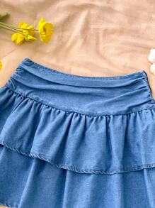 Soleia 新款女式双褶牛仔迷你裙/蓝色裙子/秋季服装/女士办公室服装/生日服装/女士外出上衣/教师服装/乡村音乐会服装 - 深色水洗藍 - 查看 3