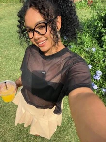 SHEIN EZwear Plus Size Women's Round Neck Short Sleeve See-Through Mesh Black Fashionable Streetwear Pullover Top, For Summer - Black - View 4