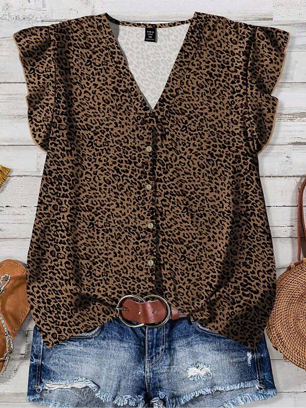 EMERY ROSE Casual Simple Brown Leopard Print Pattern Women Shirt, Minimalist Style Suitable For Summer