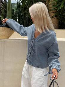 Livesso 女士夏季系带灯笼袖牛仔上衣、牛仔夹克、秋季女装 - 藍色 - 查看 6