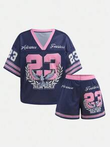SHIEN Tween Girls 2 chiếc/Bộ Áo thun rộng cổ chữ V in hình cành ô liu tối giản giản dị và quần short Jersey, Bộ đồ thể thao mùa hè - Màu tím - Xem 5