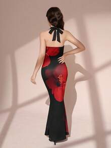 Pitira Pitira Robe longue à col ras-du-cou froncé à la taille avec imprimé floral rétro pour jeune fille, robe longue à fleurs de pivoine rouge - Noir - Voir 2