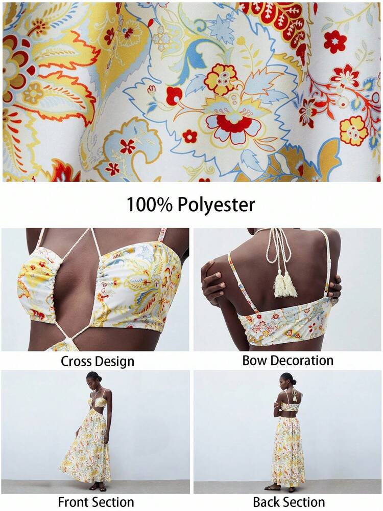 SHEIN Maija Women's Colorful Paisley Print Summer Dress, Versatile Modern Resort Bohemian Casual Fashion Design, Comfortable Fitted Halter Backless Hollow Front Tie Decor Paisley Print Beach Holiday Elegant Style Midi Dress All-Match Summer Clothing For All Seasons, Modern Holiday Fashion Design, Comfortable Beach Beach Clothing, Bohemian Style, Isabi Island Holiday Wear, Summer Dopamine Holiday Wear, Ins Same Style Holiday Style, Exotic Atmosphere, Country Concert, Western Style Clothing