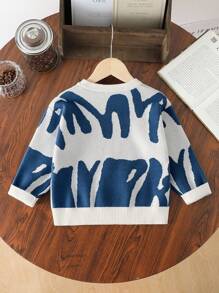 SHEIN Young BoyFashion 可爱柔软简约撞色图案针织长袖套头衫，适合居家、日常、上学、户外、派对穿着，秋冬 - 藍白色 - 查看 2