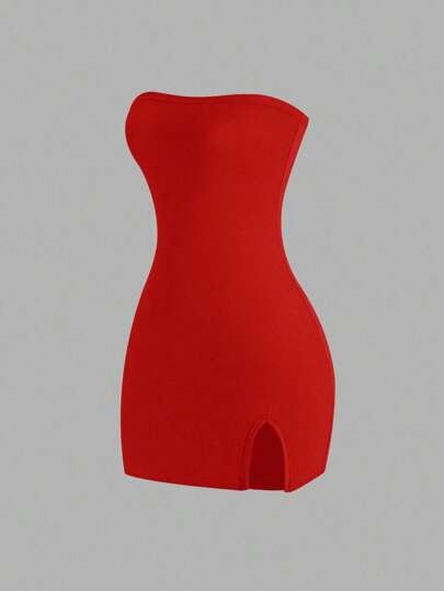 Sweetra Vestido de tubo de color liso con abertura alta para ropa de Año Nuevo, minivestido corto para mujer