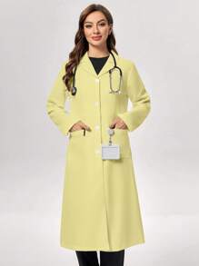 TaskEZ 纯色做旧翻领单排扣长款实验室大衣 - 黃色 - 查看 7