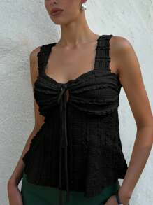 Siren Gaze Women's Solid Color Cold Shoulder Tie-Front Ruffled Textured Top Summer Black Black Casual - Black - View 1