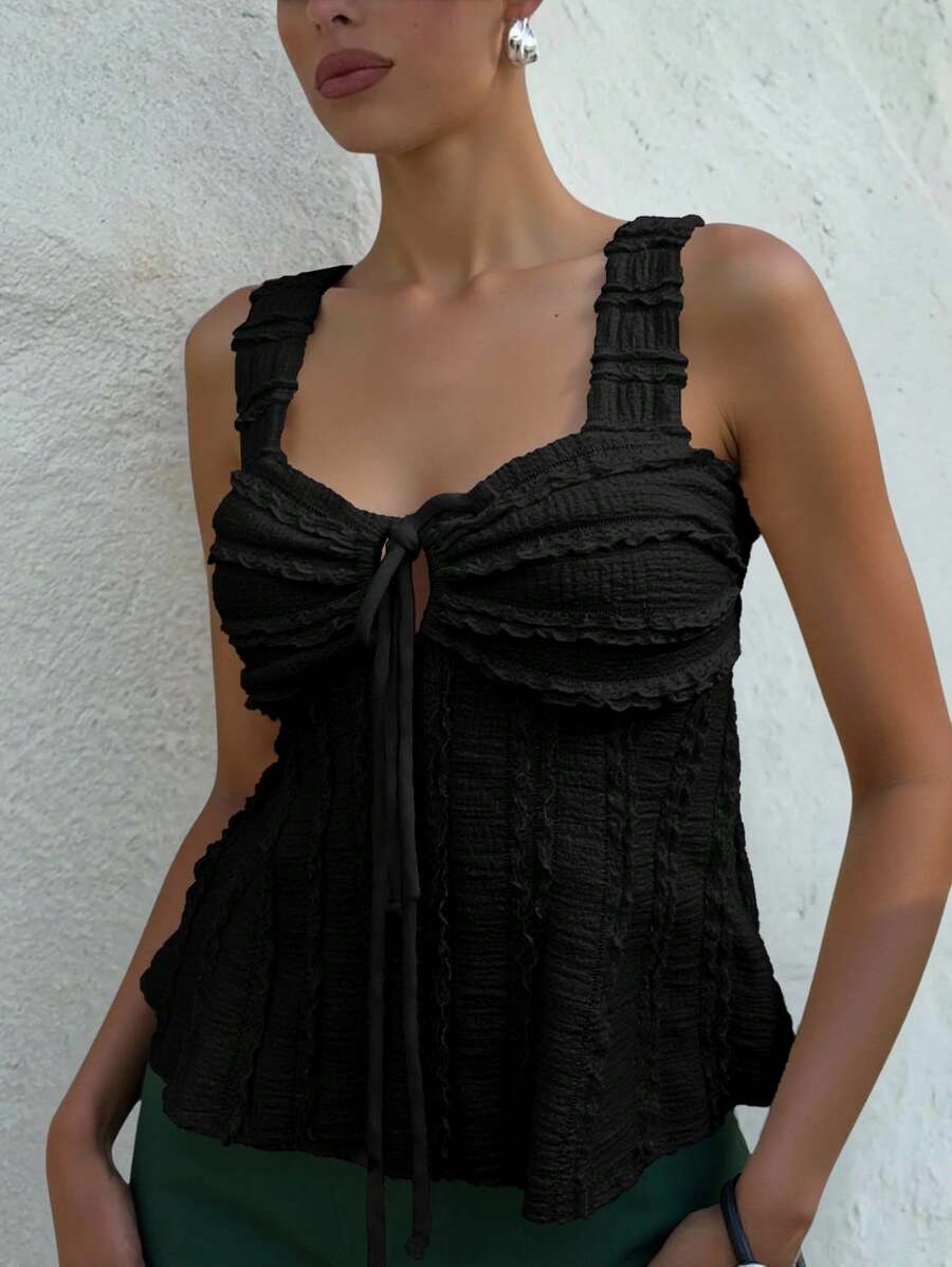 Siren Gaze Women's Solid Color Cold Shoulder Tie-Front Ruffled Textured Top Summer Black Black Casual - Black - View 1