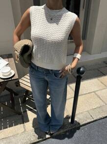 Siren Gaze 女士纯色圆领休闲针织背心，纹理针织背心，后系带针织背心，日常穿着，适合春夏秋季度假休闲装 - 杏色 - 查看 5