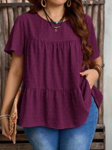 EMERY ROSE 加大码女式纯色圆领荷叶边短袖宽松衬衫，波西米亚风夏季，西部女装，度假